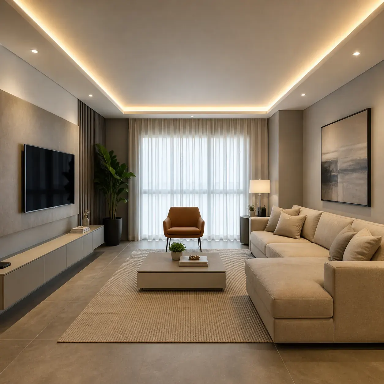 Sanca de drywall com fita de LED criando iluminação indireta em sala de estar