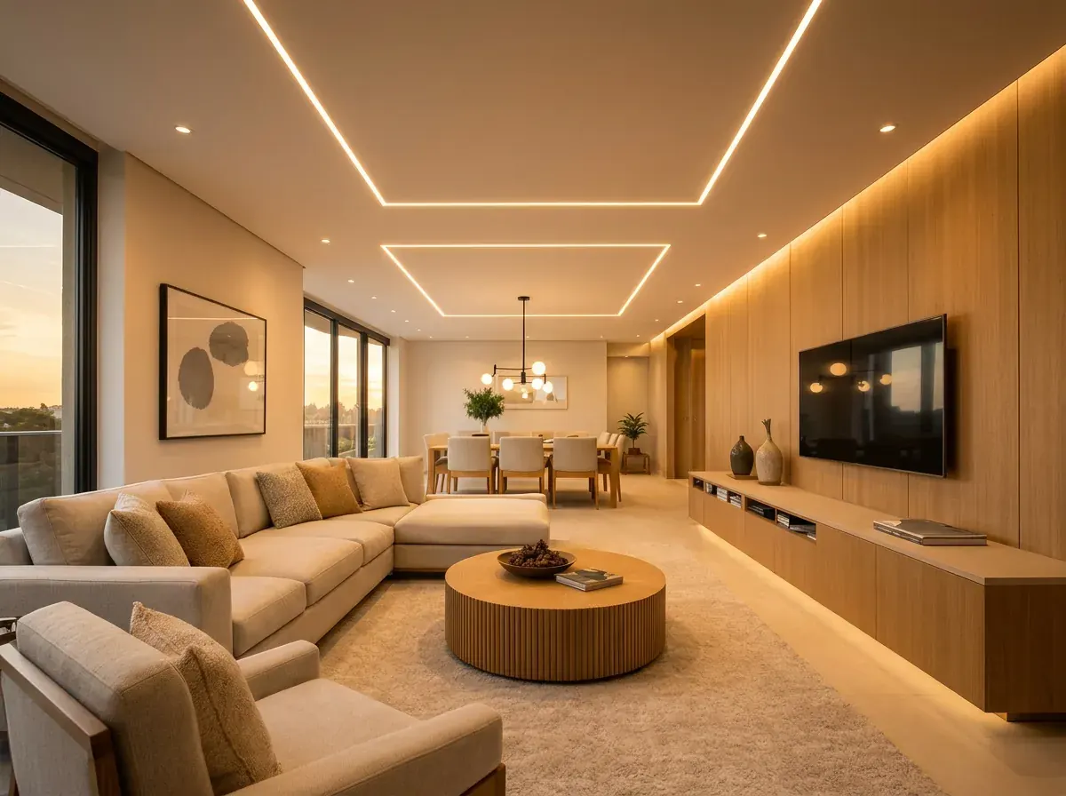 Forro de drywall com perfil linear de LED embutido iluminando a sala
